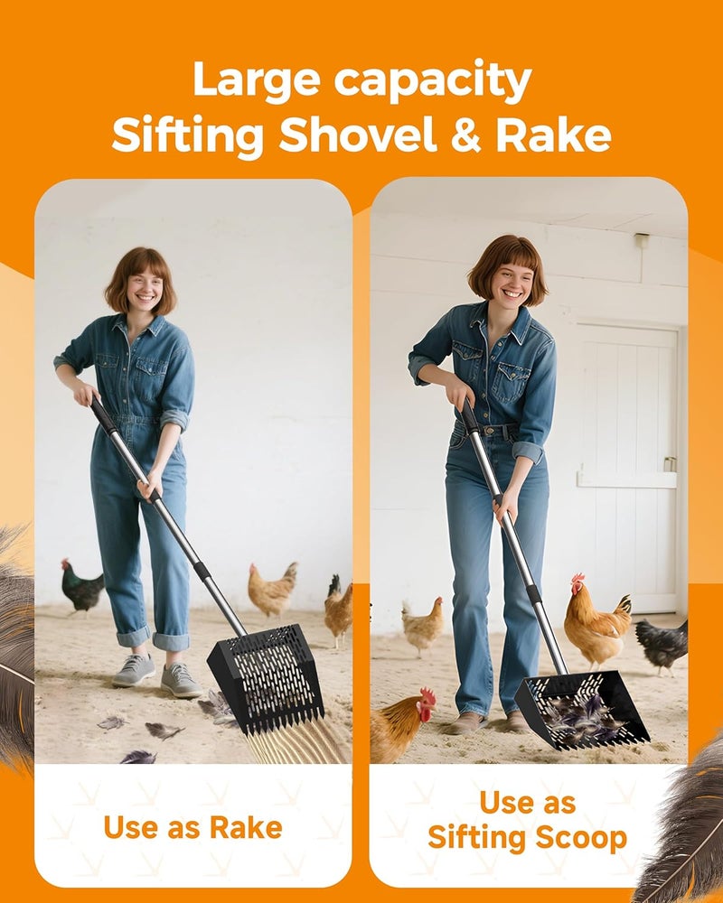 Besly Chicken Poop Scooper & Rake 2-in-1, Adjustable Chicken Coop Pooper Shovel (35 to 62"), Sifting Litter Shovel Scoop for Chicken Coop/Goat Stall/Stable Cleaning Tool - Image 4
